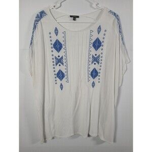 Womens L White Boho Blouse Blue Geometric Embroidery Flowy Angel Sleeve Top GUC
